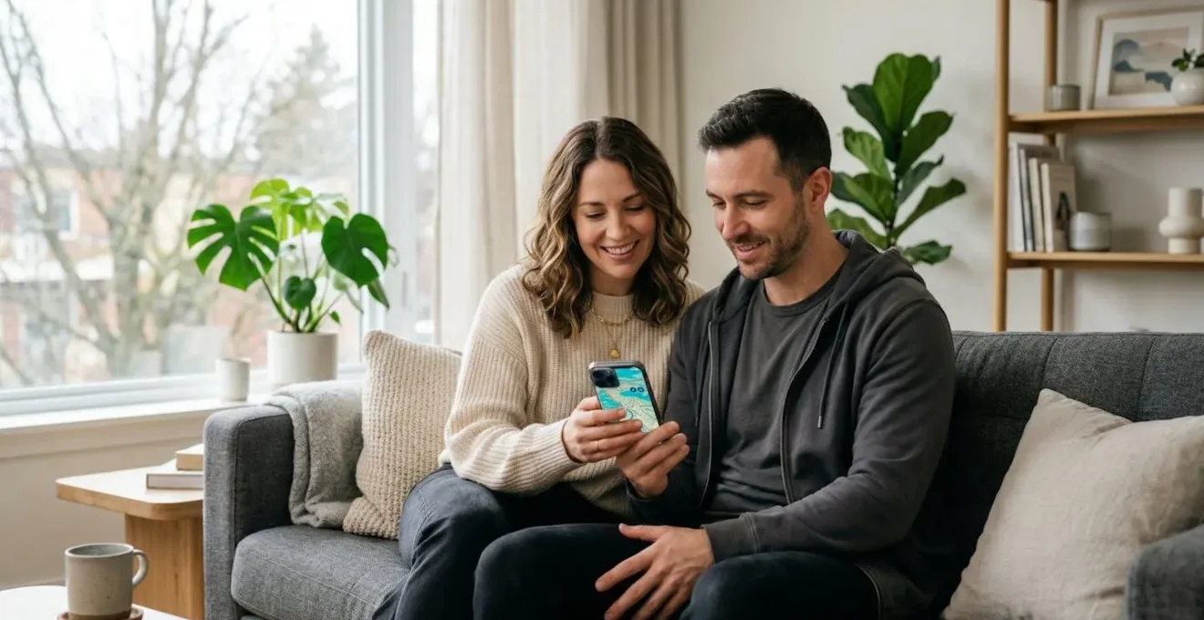 Couple consultant un simulateur de capacité d'emprunt sur smartphone dans leur salon