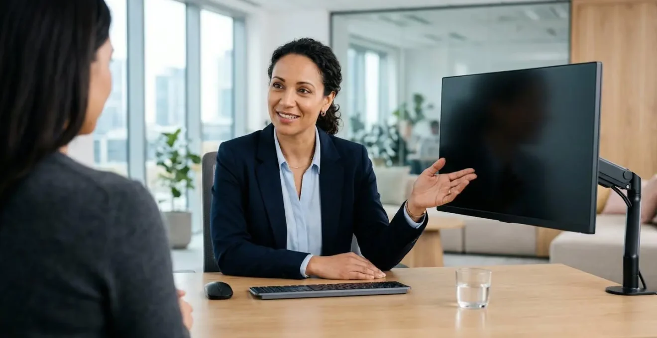Courtier immobilier expliquant les critères bancaires à un client dans un bureau