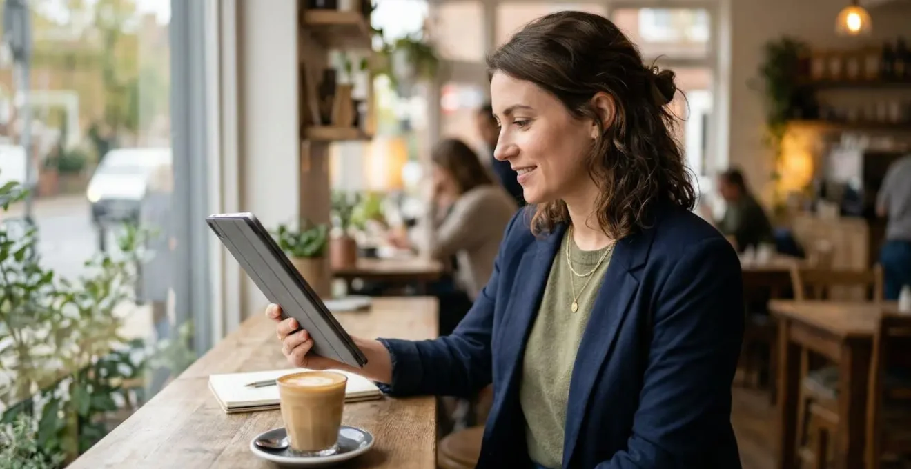 Femme vérifiant ses informations financières sur tablette avant simulation de prêt