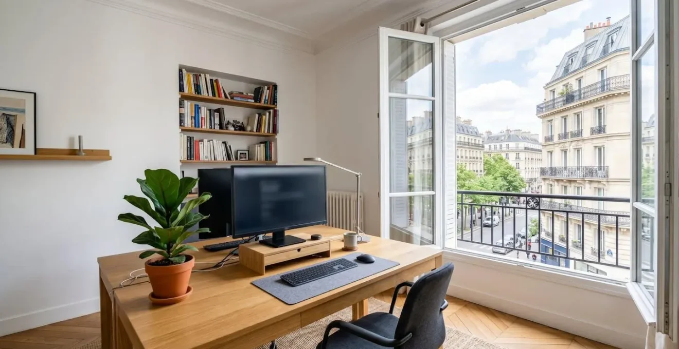 Bureau contemporain lumineux avec écran d'ordinateur éteint, documents soigneusement organisés, plante verte et architecture moderne française visible par la fenêtre en arrière-plan, sans présence humaine au premier plan