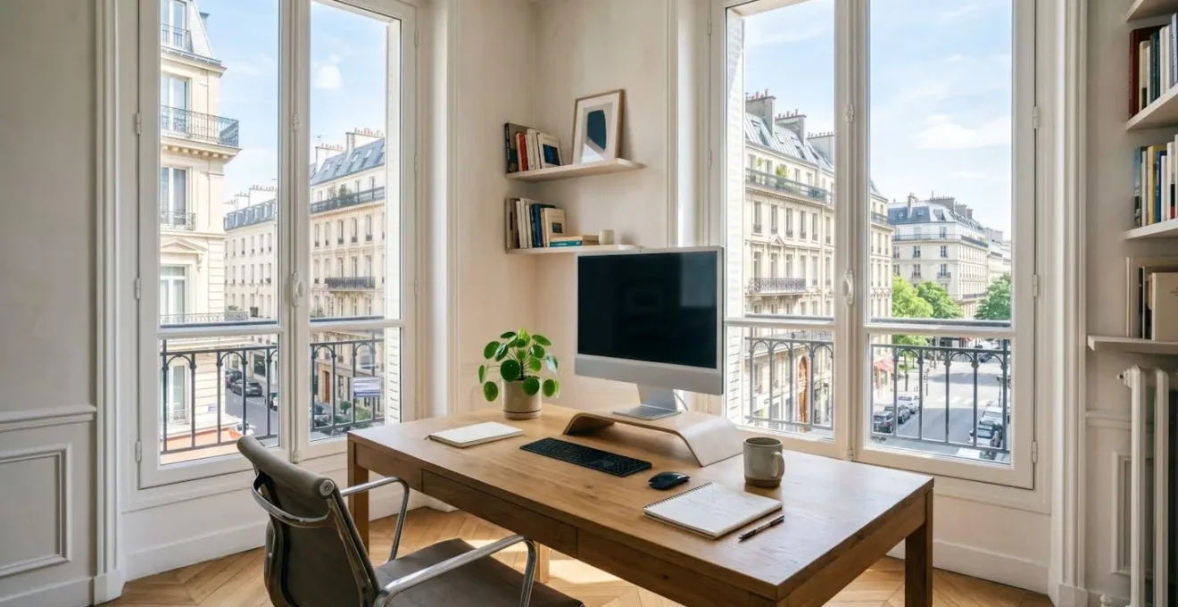 Bureau contemporain lumineux avec écran d'ordinateur éteint, documents soigneusement organisés, plante verte et architecture moderne française visible par la fenêtre en arrière-plan, sans présence humaine au premier plan