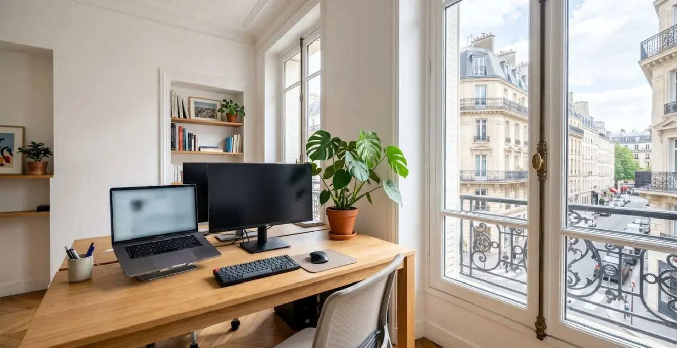 Bureau contemporain lumineux avec écran d'ordinateur éteint, documents soigneusement organisés, plante verte et architecture moderne française visible par la fenêtre en arrière-plan, sans présence humaine au premier plan