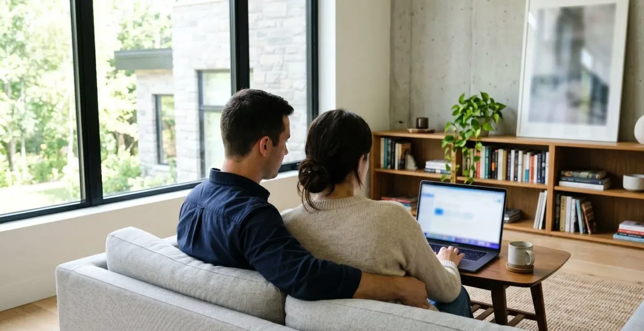 Un couple trentenaire assis sur un canapé contemporain consulte ensemble un ordinateur portable, l'écran étant totalement flouté, dans un salon lumineux éclairé par la lumière naturelle d'une fenêtre