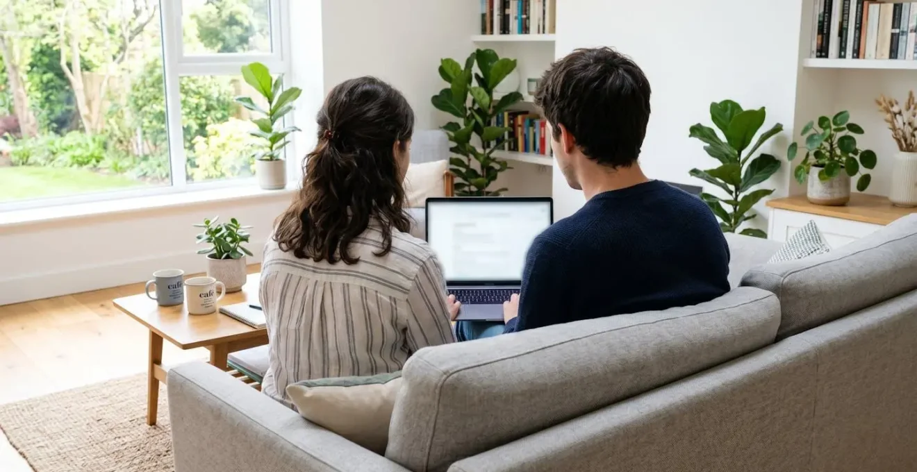 Un couple trentenaire assis sur un canapé contemporain consulte ensemble un ordinateur portable, l'écran étant totalement flouté, dans un salon lumineux éclairé par la lumière naturelle d'une fenêtre