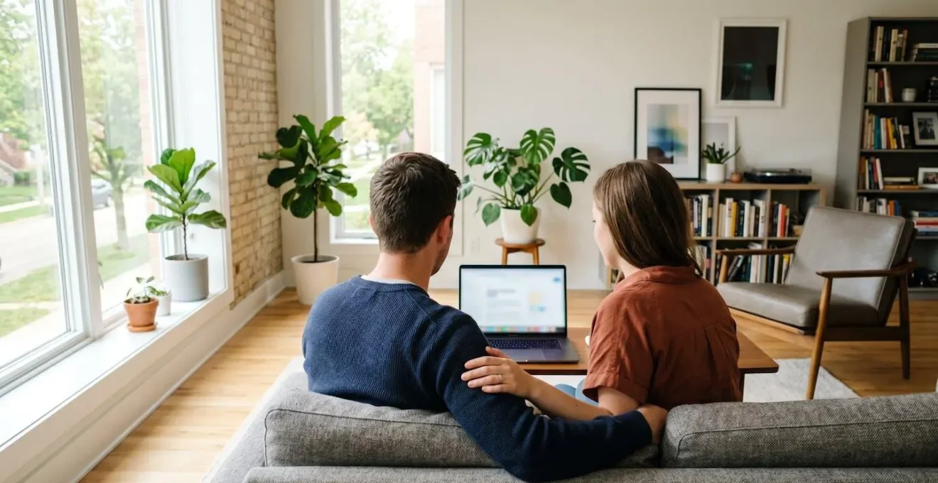 Un couple trentenaire assis sur un canapé contemporain consulte ensemble un ordinateur portable, l'écran étant totalement flouté, dans un salon lumineux éclairé par la lumière naturelle d'une fenêtre