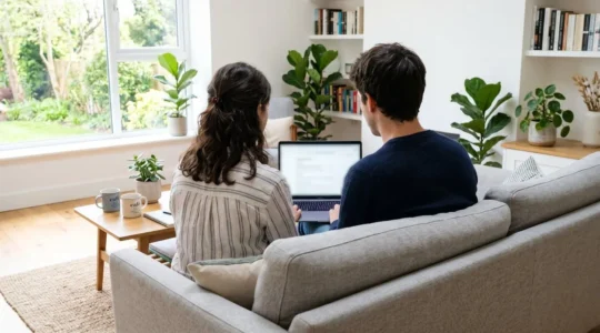 Un couple trentenaire assis sur un canapé contemporain consulte ensemble un ordinateur portable, l'écran étant totalement flouté, dans un salon lumineux éclairé par la lumière naturelle d'une fenêtre