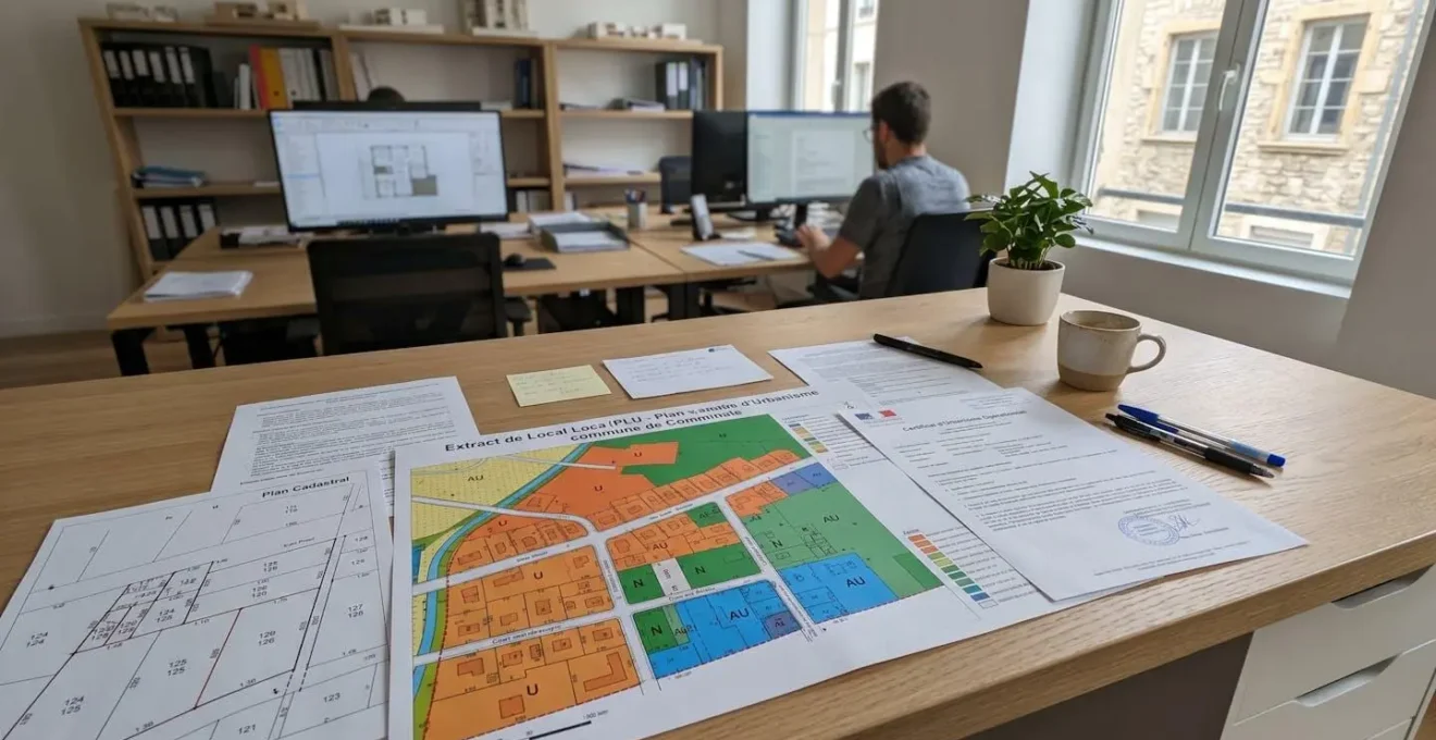 Gros plan sur des documents officiels d'urbanisme posés sur un bureau : extrait de PLU avec zonage coloré, plan cadastral et certificat d'urbanisme