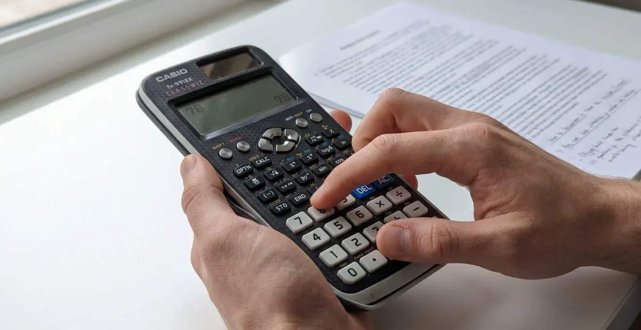 Gros plan de mains utilisant une calculatrice moderne posée sur un bureau blanc épuré, avec un document bancaire complètement flouté en arrière-plan, éclairé par une lumière latérale naturelle créant un effet bokeh