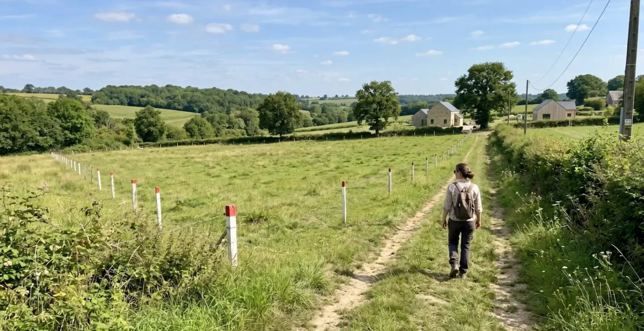 Vue d'ensemble d'un terrain avec bornes de délimitation visibles et chemin de passage traversant la parcelle