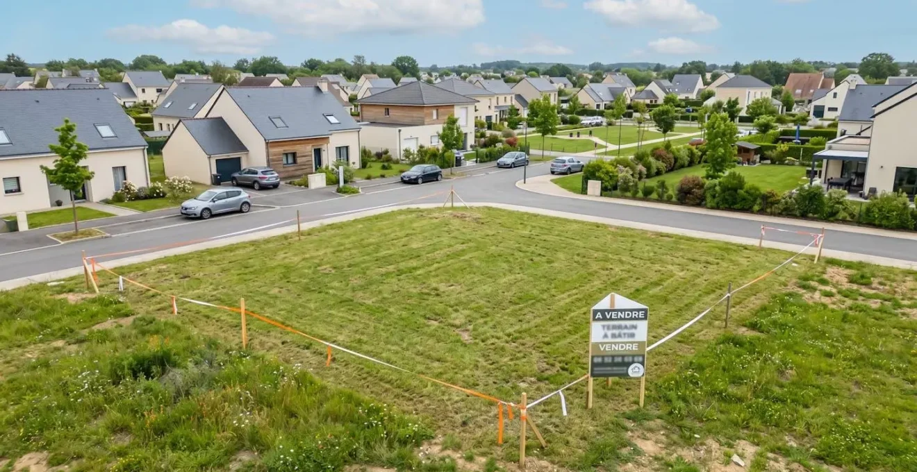 Vue aérienne d'une parcelle de terrain délimitée par des piquets et un ruban de bornage, avec un panneau à vendre visible, dans un environnement périurbain