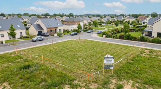 Vue aérienne d'une parcelle de terrain délimitée par des piquets et un ruban de bornage, avec un panneau à vendre visible, dans un environnement périurbain