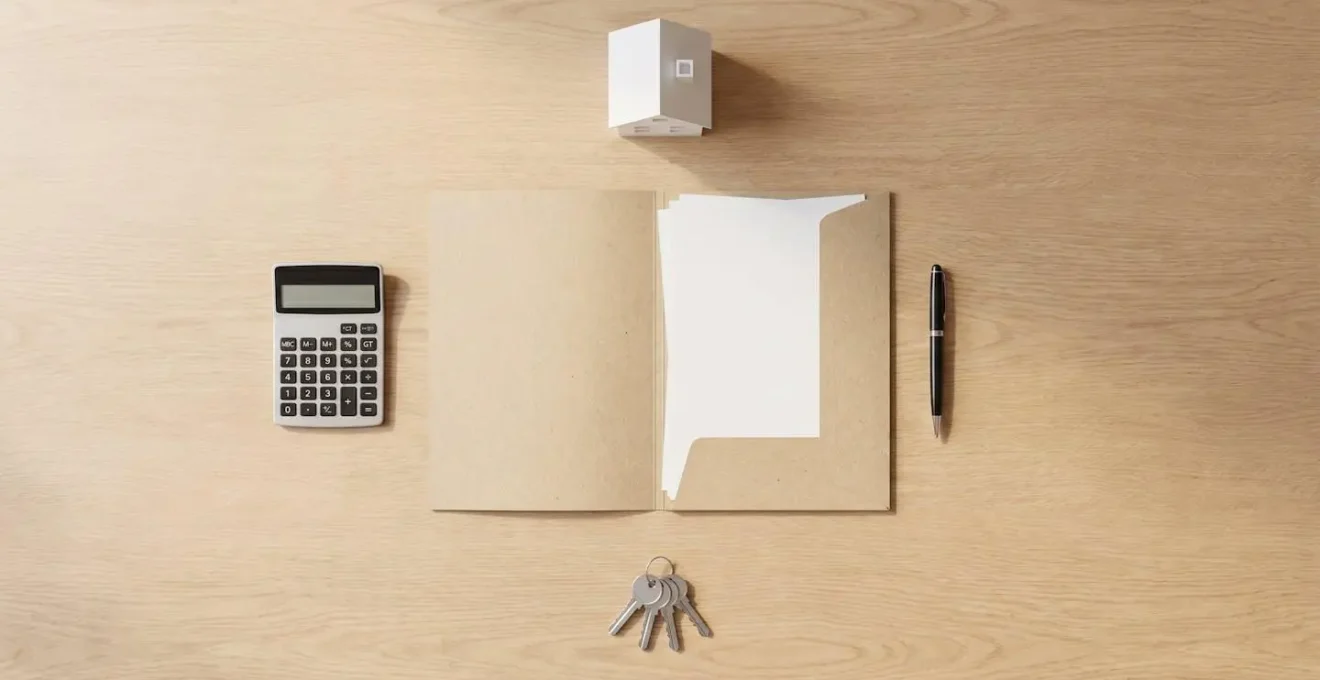 Vue du dessus d'un bureau organisé avec dossier de documents, calculatrice, maquette de maison et clés, illustrant la préparation d'un dossier de crédit relais.