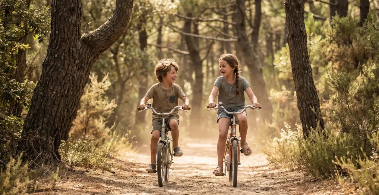 Deux enfants sur des vélos colorés empruntant un sentier forestier sableux sous les pins en Vendée, lumière estivale tamisée
