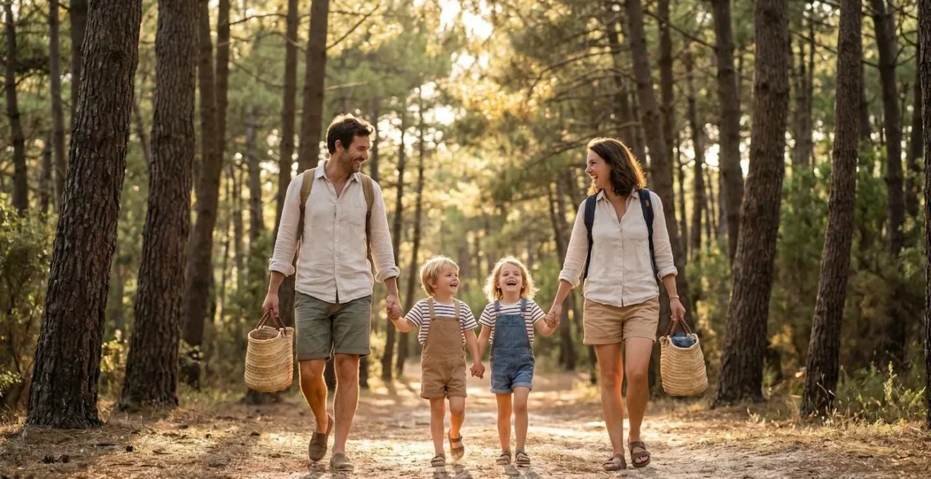 Famille avec enfants marchant sur un sentier forestier ombragé à Saint-Jean-de-Monts, lumière dorée filtrant entre les pins