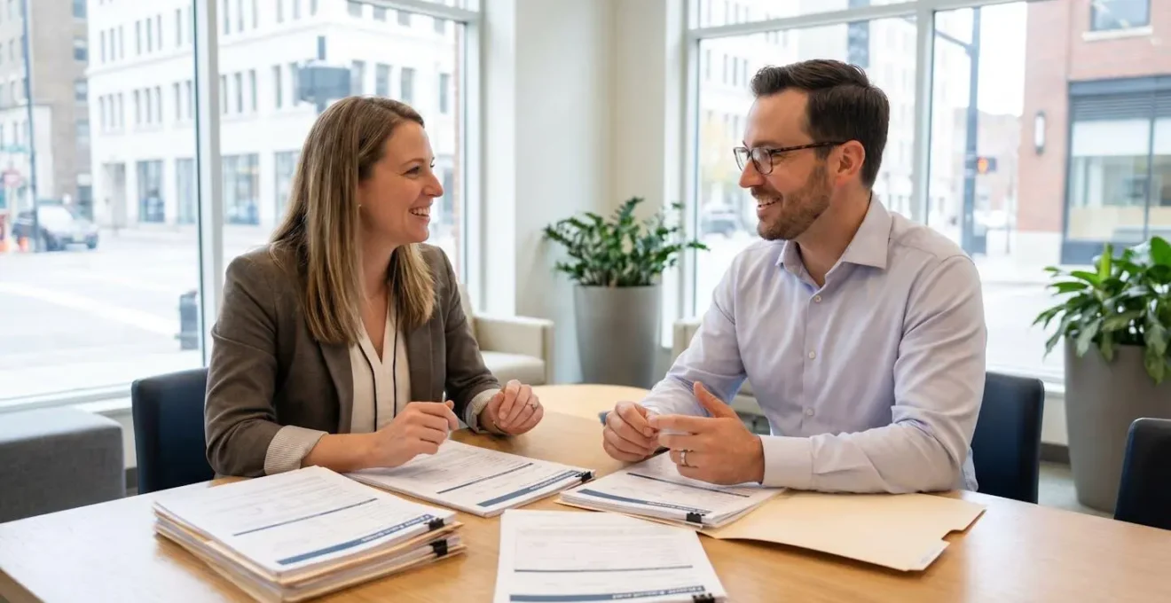 Une femme en discussion avec un conseiller bancaire dans une agence, documents de prêt sur la table
