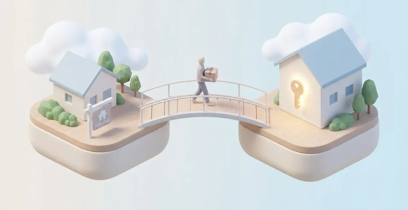 Illustration 3D isométrique représentant deux maisons sur des îlots reliés par un pont, symbolisant le crédit relais comme transition entre vente et achat immobilier.