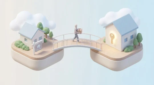 Illustration 3D isométrique représentant deux maisons sur des îlots reliés par un pont, symbolisant le crédit relais comme transition entre vente et achat immobilier.