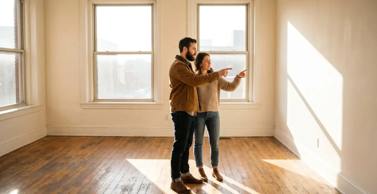 Un couple examine attentivement les détails d'un appartement vide lors d'une visite, lumière naturelle abondante