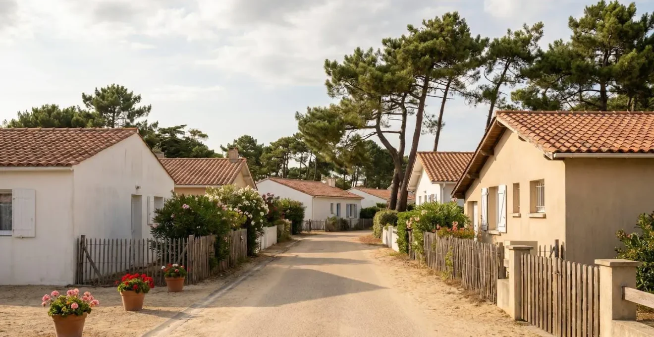 Ruelle résidentielle de Saint-Jean-de-Monts bordée de maisons pavillonnaires entourées de pins maritimes en été