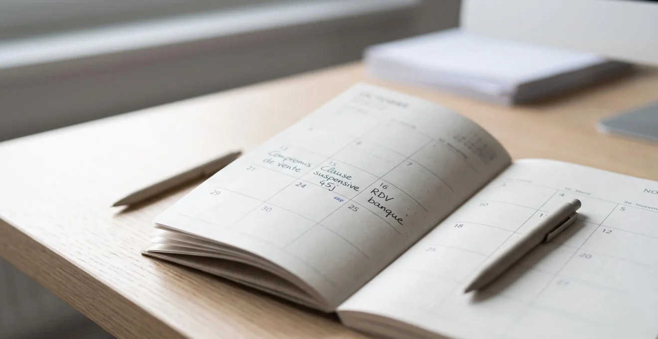 Agenda papier ouvert sur un bureau avec dates clés d'un projet de crédit immobilier annotées en français (compromis, clause suspensive, rendez-vous banque)