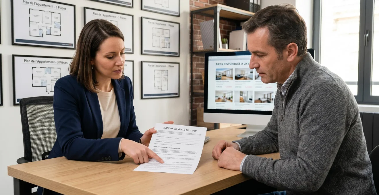 Agent immobilier professionnelle assise face à un client vendeur dans une agence contemporaine, discutant des clauses d'un contrat de mandat posé sur un bureau en bois clair, avec plans immobiliers affichés en arrière-plan