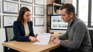 Agent immobilier professionnelle assise face à un client vendeur dans une agence contemporaine, discutant des clauses d'un contrat de mandat posé sur un bureau en bois clair, avec plans immobiliers affichés en arrière-plan