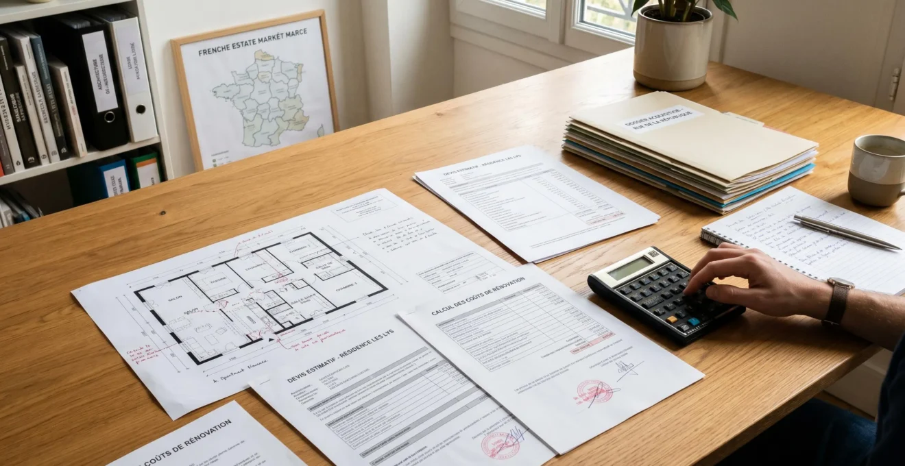 Calculatrice financière, documents notariés et plans immobiliers disposés sur table de travail pour évaluation des besoins d'apport