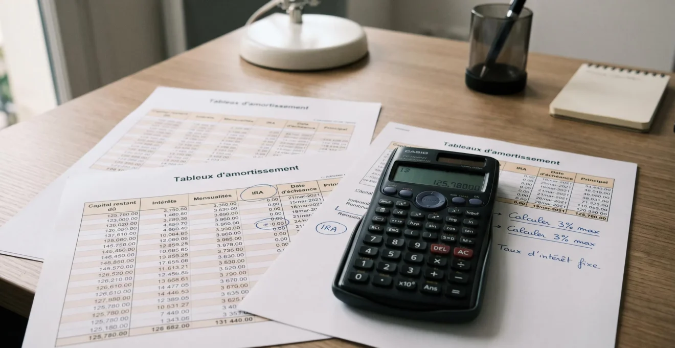 Calculatrice financière posée sur tableaux d'amortissement de crédit immobilier imprimés en français avec annotations manuscrites de calculs de coûts