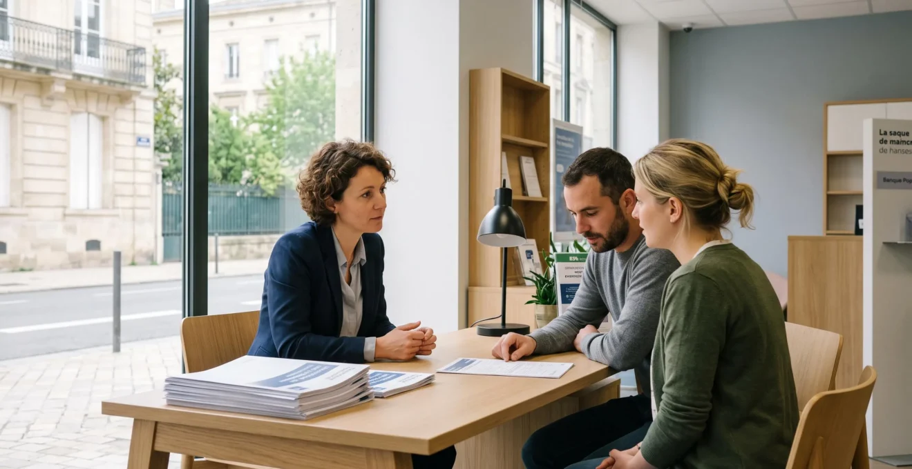 Conseiller bancaire présentant des documents de simulation de crédit immobilier à un couple de clients dans un bureau d'agence contemporain en France, échange professionnel en lumière naturelle