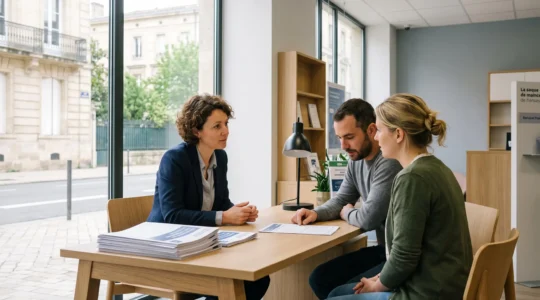 Conseiller bancaire présentant des documents de simulation de crédit immobilier à un couple de clients dans un bureau d'agence contemporain en France, échange professionnel en lumière naturelle