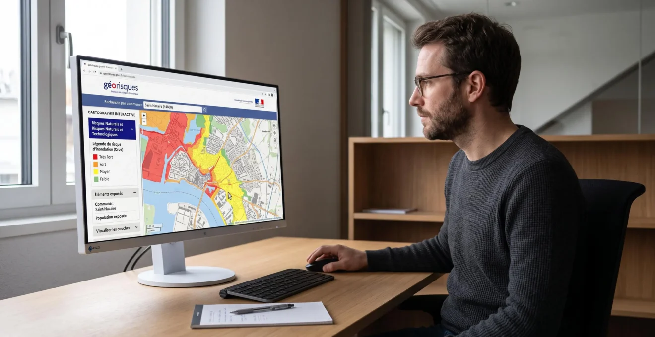 Écran d'ordinateur affichant l'interface du site géorisques.gouv.fr avec une carte des risques naturels consultée par un utilisateur