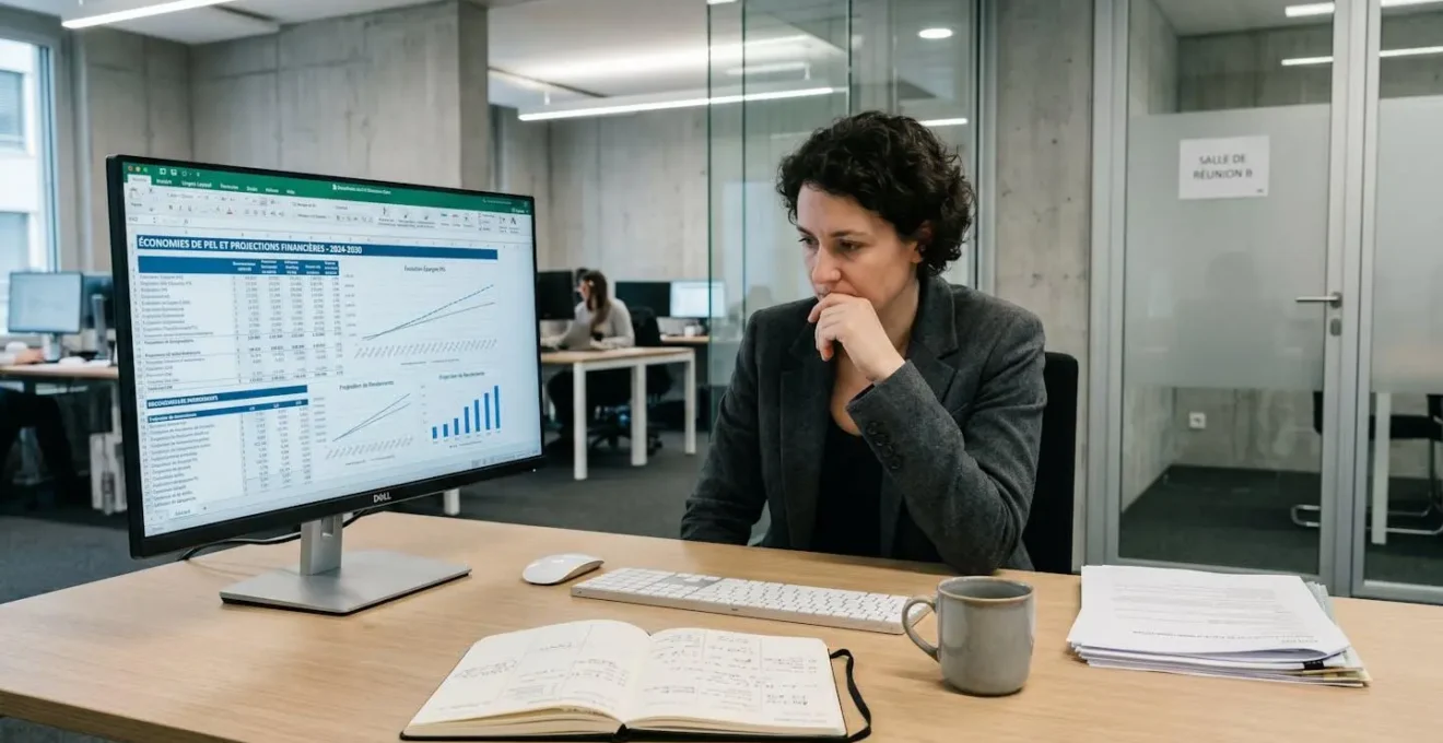 Écran d'ordinateur affichant des projections d'épargne PEL avec graphiques temporels sur bureau moderne