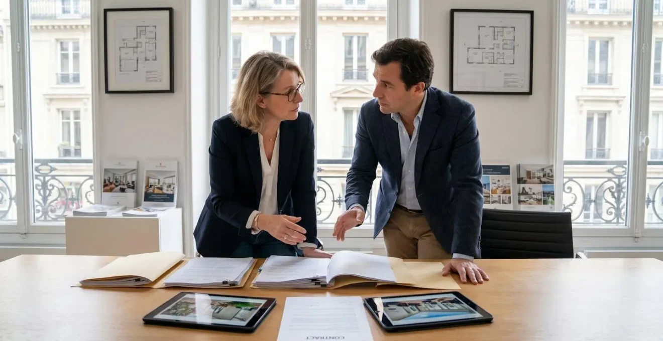 Entretien entre propriétaire et responsable d'agence pour discuter d'un contrat de gestion locative