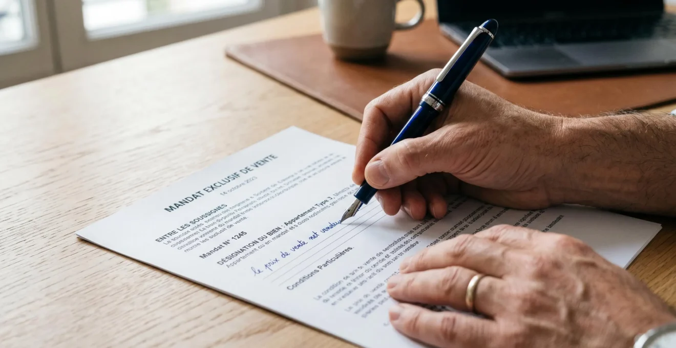 Gros plan d'une main masculine tenant un stylo-plume bleu marine, apposant une mention manuscrite sur un contrat de mandat exclusif immobilier imprimé en français