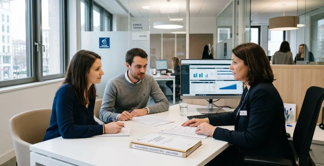 Jeune couple consultant des documents PEL avec un conseiller dans un bureau moderne de la Caisse d'Epargne, écrans affichant des simulations d'épargne logement