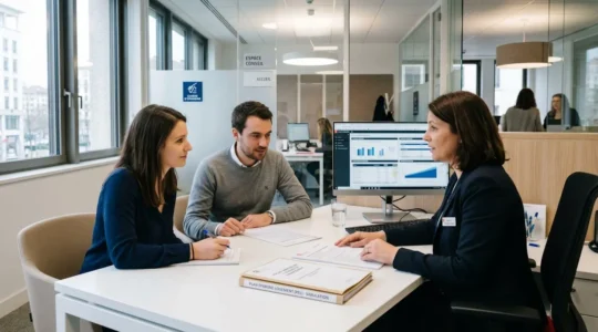 Jeune couple consultant des documents PEL avec un conseiller dans un bureau moderne de la Caisse d'Epargne, écrans affichant des simulations d'épargne logement