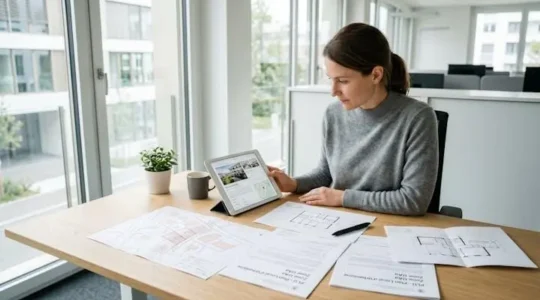 Personne consultant une annonce immobilière sur tablette avec documents d'urbanisme étalés sur un bureau d'agence immobilière
