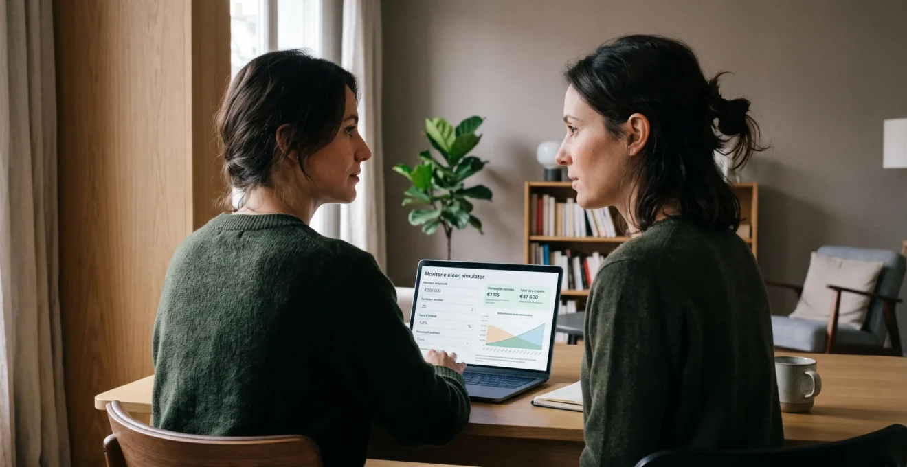 Personne utilisant un simulateur de crédit immobilier en ligne sur ordinateur portable dans un intérieur domestique français contemporain, interface en français affichée à l'écran