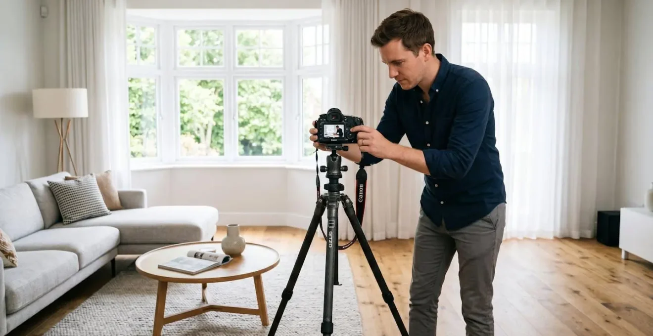 Photographe immobilier professionnel debout dans un salon contemporain lumineux, réglant son appareil photo reflex monté sur trépied pour capturer l'intérieur d'un bien en vente