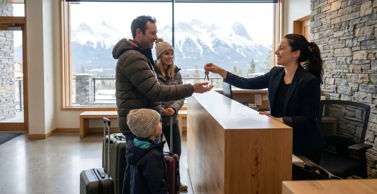 Réceptionniste d'agence de location vacances remettant des clés à une famille dans un bureau moderne avec vue montagne