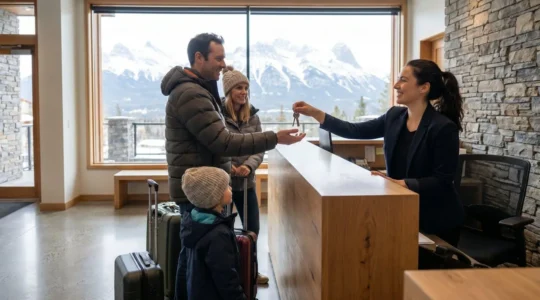 Réceptionniste d'agence de location vacances remettant des clés à une famille dans un bureau moderne avec vue montagne