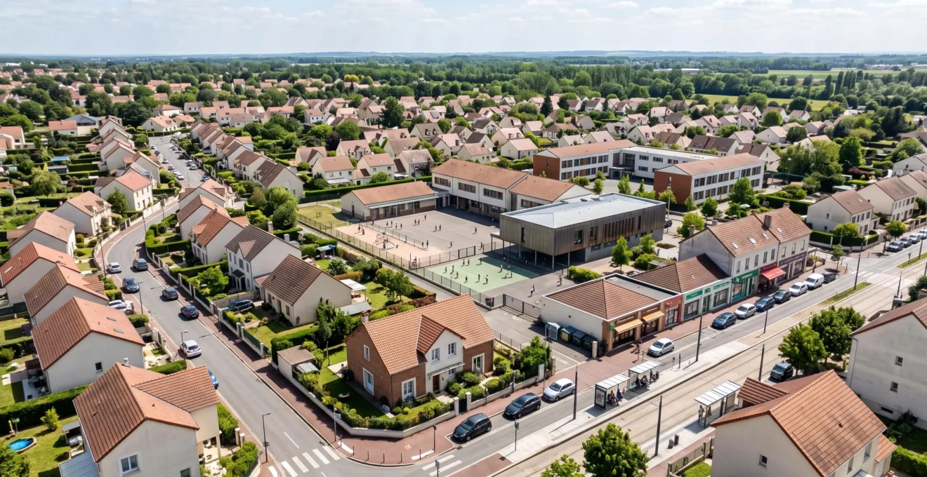 Vue aérienne d'un quartier résidentiel français montrant la proximité entre maisons individuelles, école primaire et commerces locaux