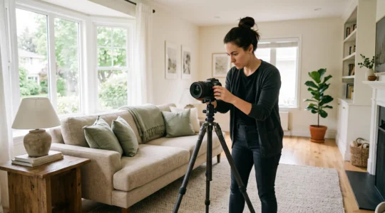 Un photographe professionnel prend en photo le séjour lumineux et ordonné d'une maison à louer, appareil fixé sur un trépied.