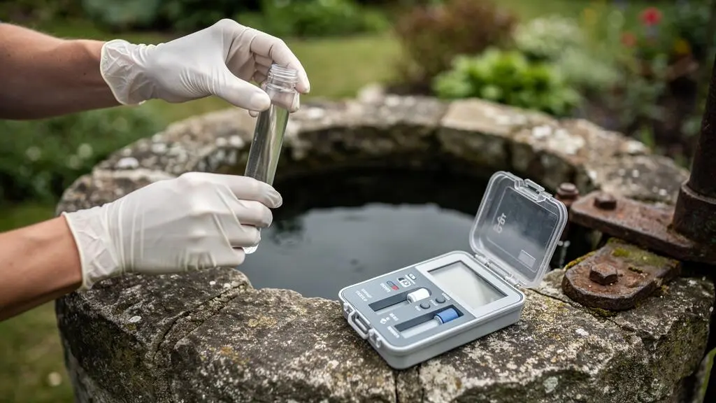Un technicien analyse un échantillon d'eau prélevé au bord d'un puits privé.