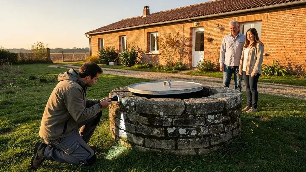Un inspecteur examine un puits en pierre devant une maison en brique près de Toulouse.