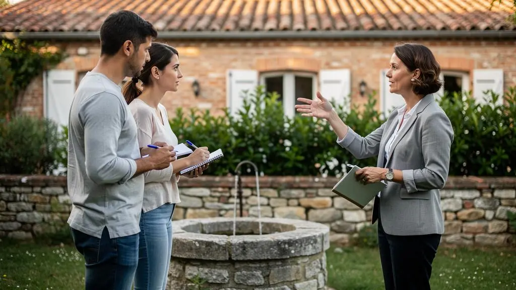 Un couple discute avec un agent immobilier devant un puits dans un jardin.