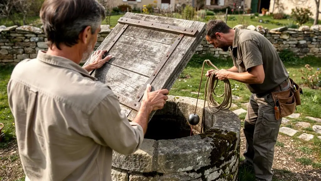 Un acheteur ouvre la trappe d'un puits avec un artisan lors d'une visite.